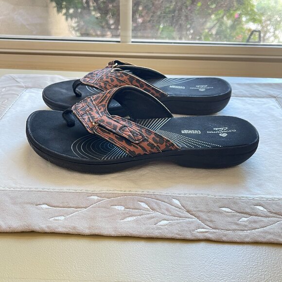 Clarks Cloudsteppers 6 Sandals Thong Animal Leopard Print Black Tan Brown - Picture 5 of 12